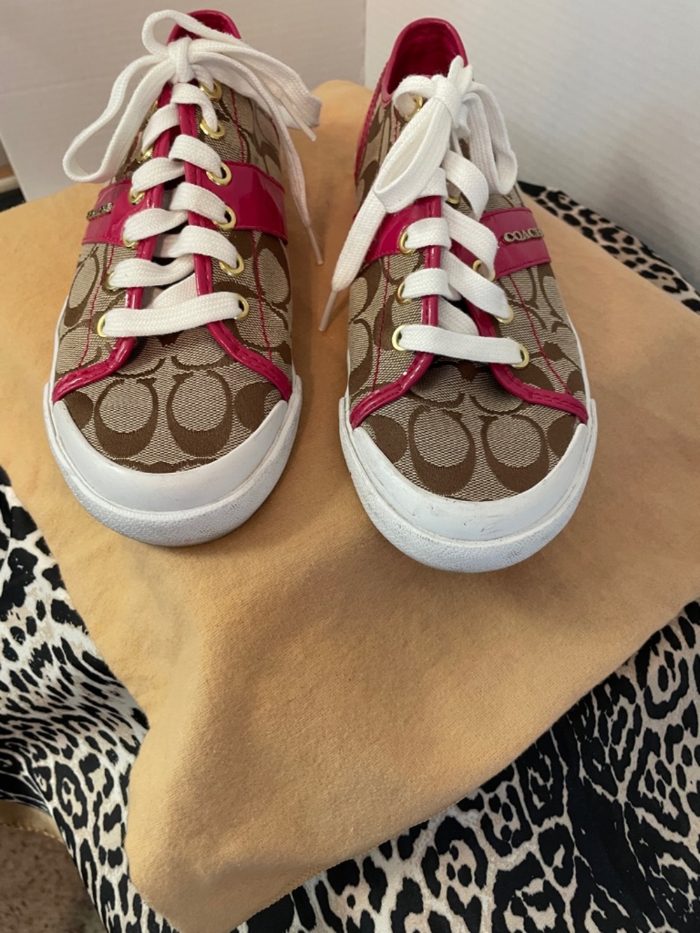 Coach Monogram Low-Top Sneakers with Pink Trim - Picture 2 of 11